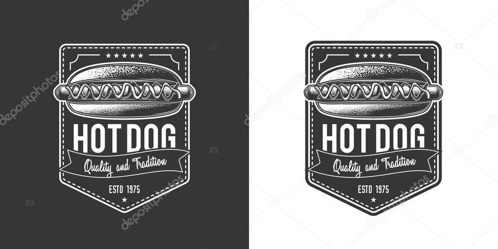The original monochrome vector emblem fast food establishments. Hot dog with sausage and gravy.