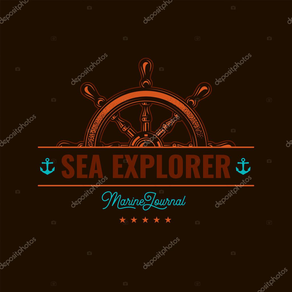 Original vector emblem of a ship steering wheel in vintage style.