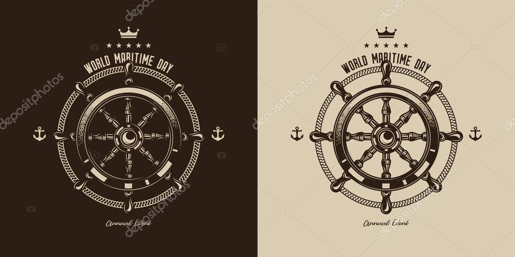 Original monochrome vector emblem of a ship steering wheel in vintage style.