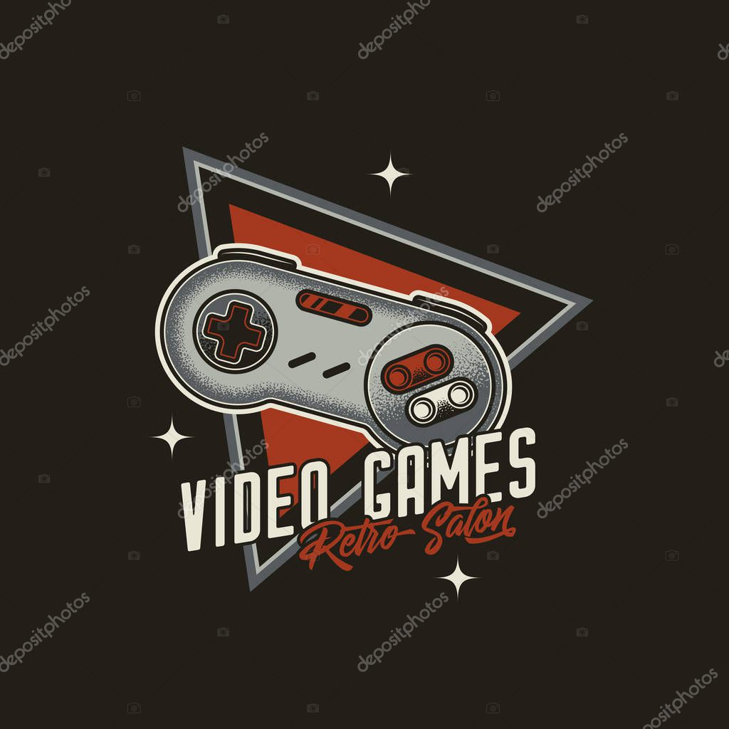 Original vector emblem in retro style. Retro gamepad from 8-bit consoles.