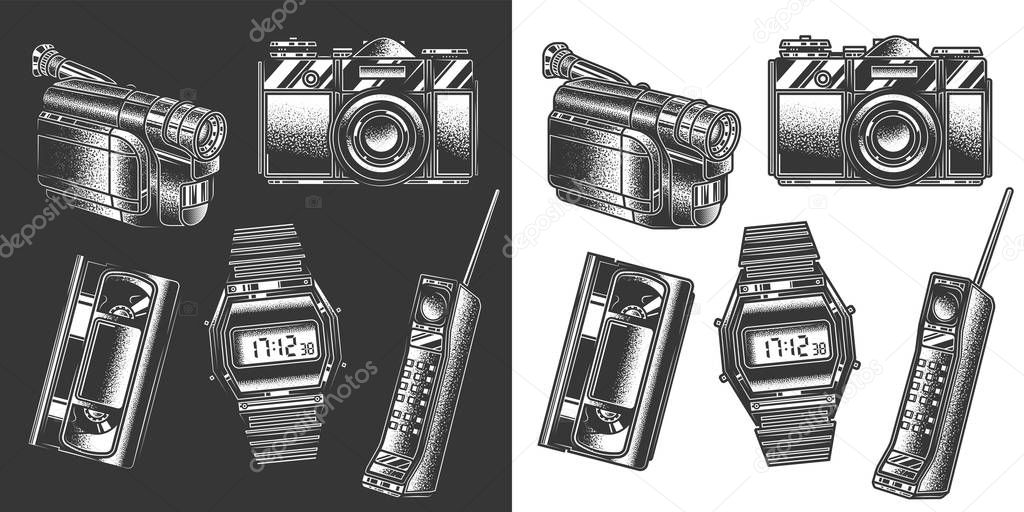 Original monochrome vector set of electronic accessories in retro style.