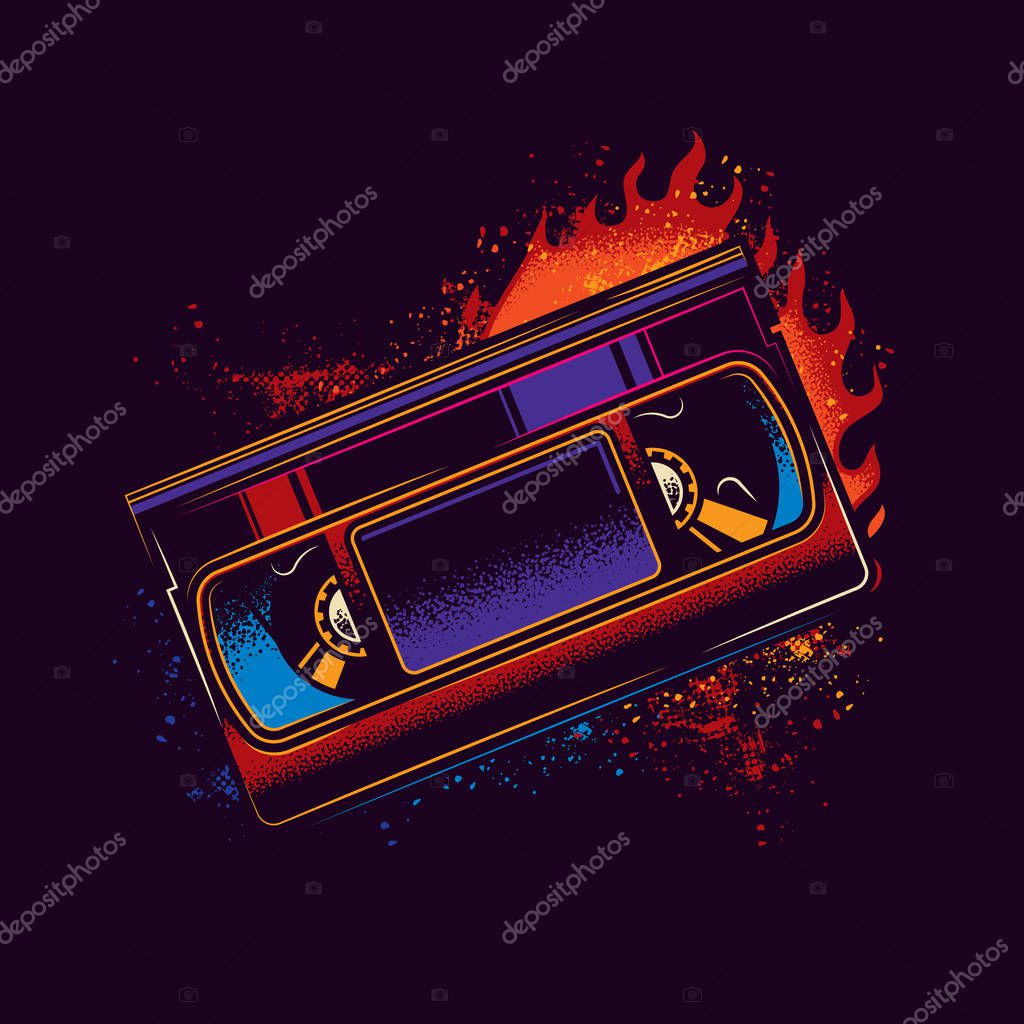 Original neon vector illustration.Old VHS videotape in retro style against a bright flame of fire.