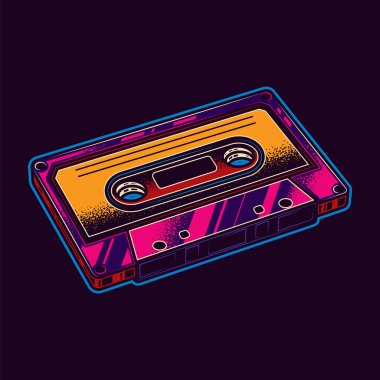 Beyaz ve siyah arkaplan üzerinde neon biçimli ses kaset biçimi ile orijinal vektör illüstrasyonu