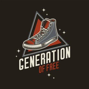 Orijinal vektör retro amblemi. Metin kompozisyonunun arka planında klasik spor ayakkabılar var. Tişört tasarımı