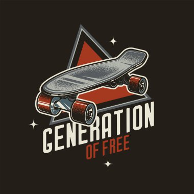 Orijinal vektör retro amblemi. Bir metin kompozisyonunun arka planında klasik kaykay. Tişört tasarımı