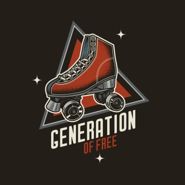 Orijinal vektör retro amblemi. Bir metin kompozisyonunun arka planında şık patenler. Tişört tasarımı