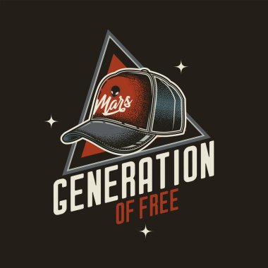 Orijinal vektör retro amblemi. Bir metin kompozisyonunun arka planında şık bir beysbol şapkası. Tişört tasarımı