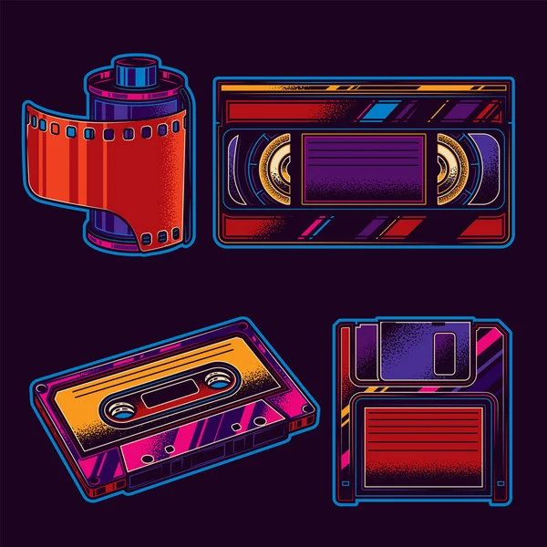 Orijinal retro vektör neon şeklinde ayarlandı. Film, Kasetler, Disketler.