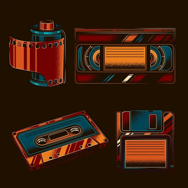 Original Vector Retro Set Items Vintage Style Film Cassettes Floppy — Stock Vector