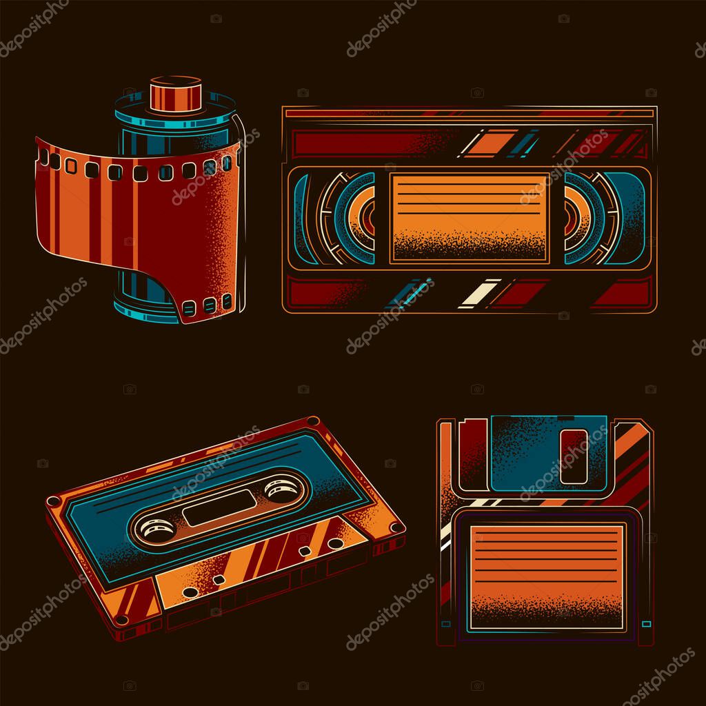 Original vector retro set of items in vintage style. Film, Cassettes, Floppy Disks.