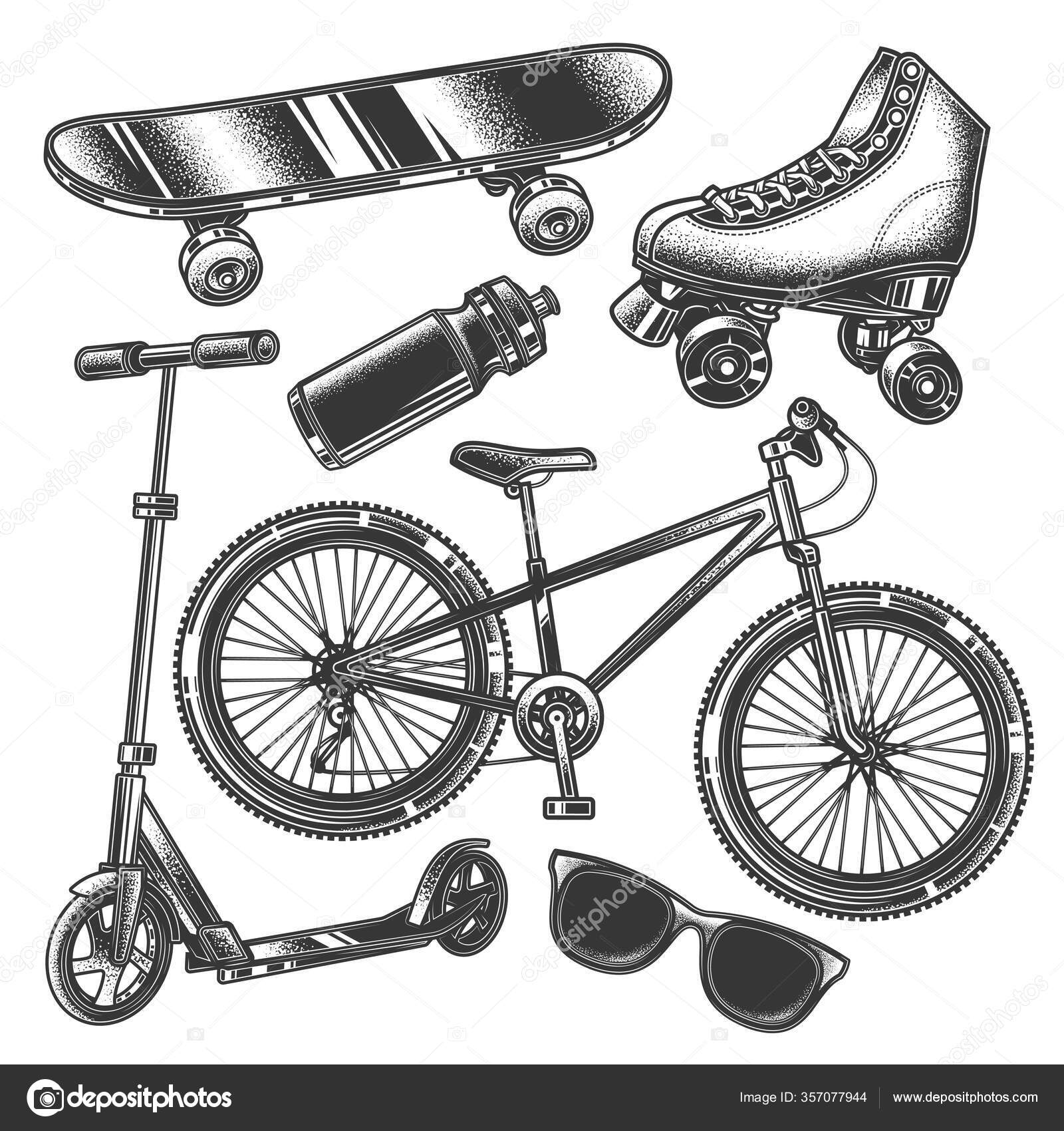 Original Monochrome Vector Set Vintage Style Bicycle Scooter Skateboard  Roller Stock Vector by ©rakhimovedgar 357077944