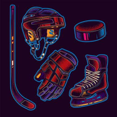 Orijinal vektör sporları neon tarzında ayarlandı. Hokey sporunun öğeleri