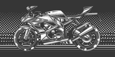 Orijinal monokrom vektör çizimi. En hızlı motosiklet. 80-90 'ların tarzında parlak bir arka planı olan Superbike.