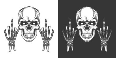 Original monochrome vector illustration in vintage style. Skull with eyes with two hands with the middle finger extended. clipart