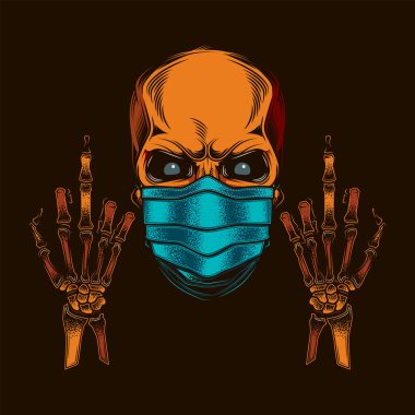 Original vector illustration in vintage style. Skull with eyes in a medical mask, with two hands with the middle finger extended. T-shirt design clipart