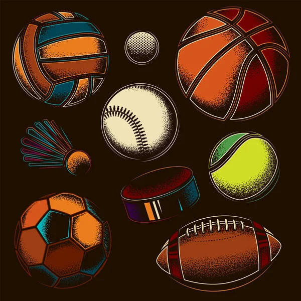 Orijinal vektör spor seti. Beyzbol, Voleybol, Hokey, Badminton, Basketbol, Amerikan futbolu, Futbol, Tenis.