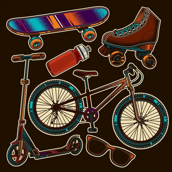 Conjunto Vetorial Original Estilo Vintage Bicicleta Scooter Skate Patins — Vetor de Stock