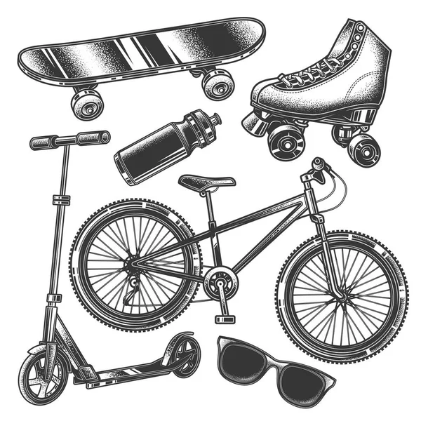 Original Monochrome Vector Set Vintage Style Bicycle Scooter Skateboard Roller — Stock Vector