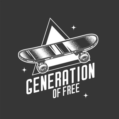 Orijinal monokrom vektör retroamblemi. Bir metin kompozisyonunun arka planında klasik kaykay. Tişört tasarımı