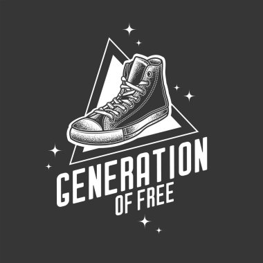 Orijinal monokrom vektör retroamblemi. Metin kompozisyonunun arka planında klasik spor ayakkabılar var. Tişört tasarımı