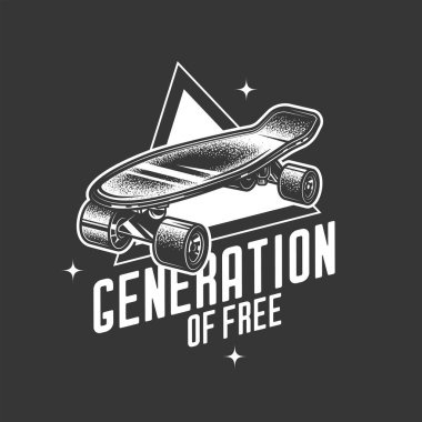 Orijinal monokrom vektör retroamblemi. Bir metin kompozisyonunun arka planında klasik kaykay. Tişört tasarımı