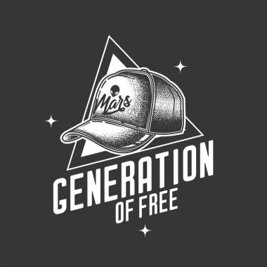 Orijinal monokrom vektör retroamblemi. Bir metin kompozisyonunun arka planında şık bir beysbol şapkası. Tişört tasarımı