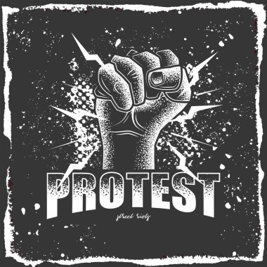Orijinal monokrom vektör çizimi. El, klasik tarzda protesto eden bir yumruğa sıkıştı. Logo ya da tişört tasarımı