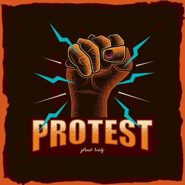 Orijinal vektör çizimi. El, klasik tarzda protesto eden bir yumruğa sıkıştı. Logo ya da tişört tasarımı