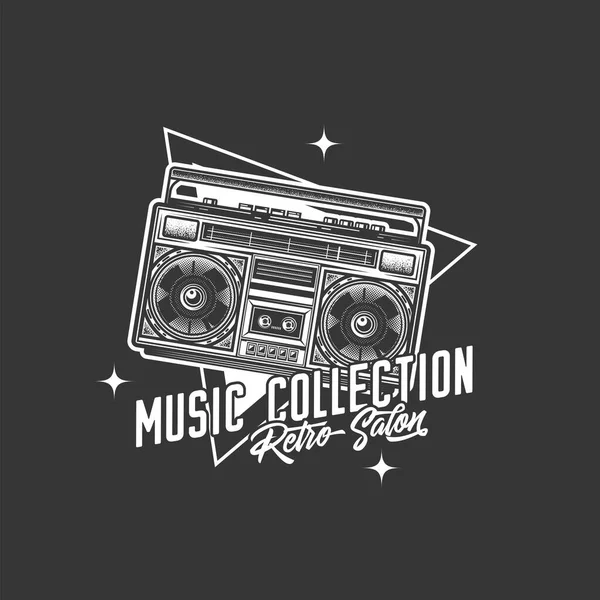 Original Emblema Retro Vector Monocromo Boombox Retro Reproductor Cassette Radio — Archivo Imágenes Vectoriales