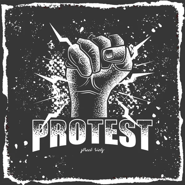 Orijinal monokrom vektör çizimi. El, klasik tarzda protesto eden bir yumruğa sıkıştı. Logo ya da tişört tasarımı