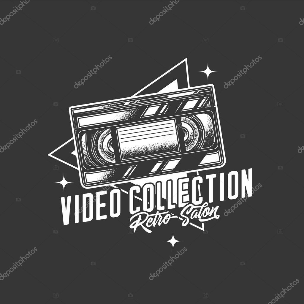 Original monochrome vector retro emblem. Old VHS videotape. T-shirt design