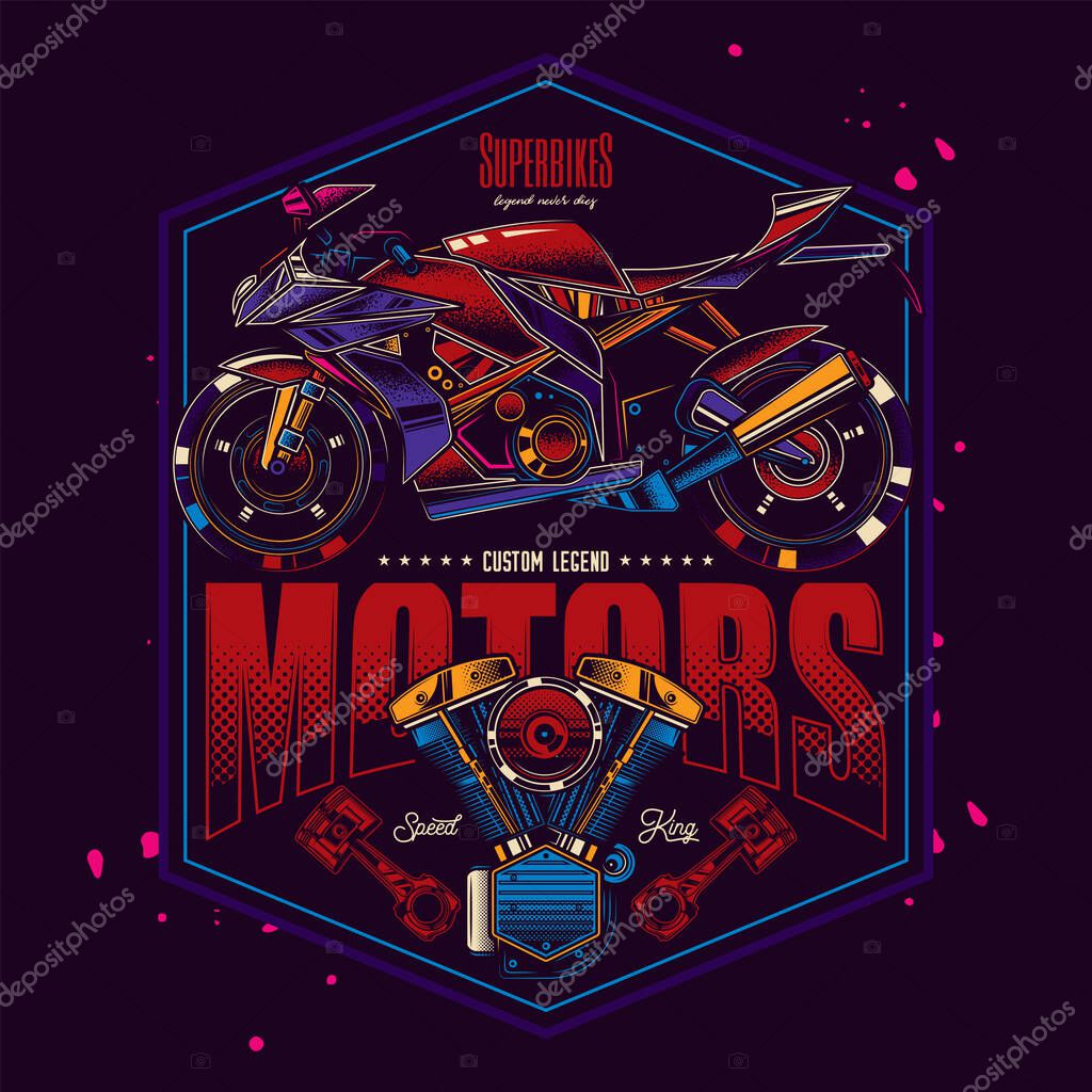 Original vector label in neon style. The fastest motorcycle. Superbike.