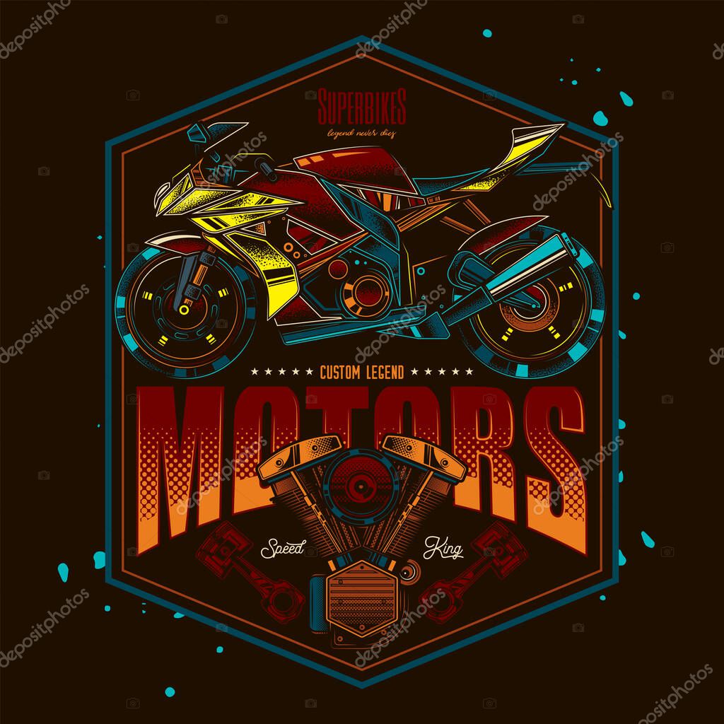 Original vector label in retro style. The fastest motorcycle. Superbike.