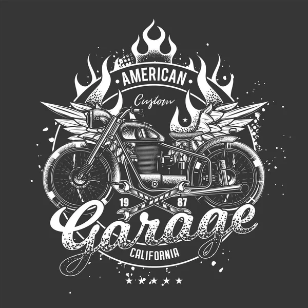 Eredeti Monokróm Vektor Embléma Vintage Stílusban Amerikai Egyéni Motorkerékpár Szárnyakkal — Stock Vector