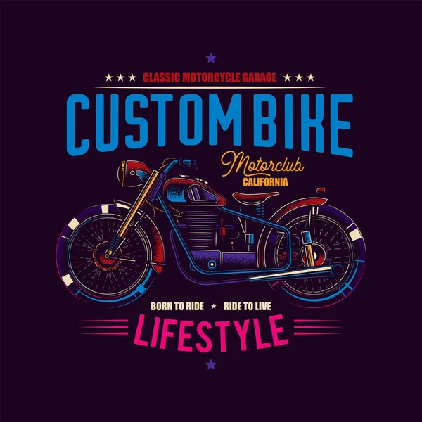 Ilustración Vectorial Original Estilo Neón Moto Americano Hecho Medida Diseño — Vector de stock