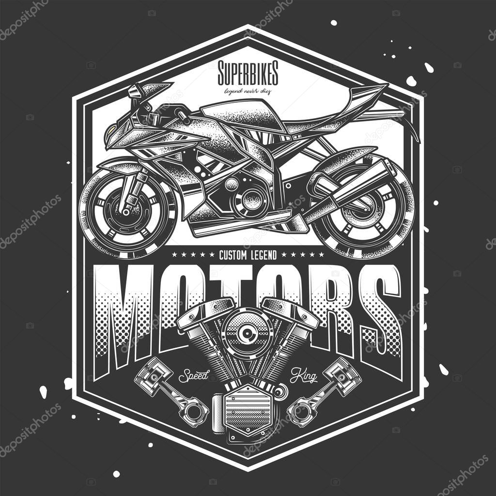 Original monochrome vector label in vintage style. The fastest motorcycle. Superbike.