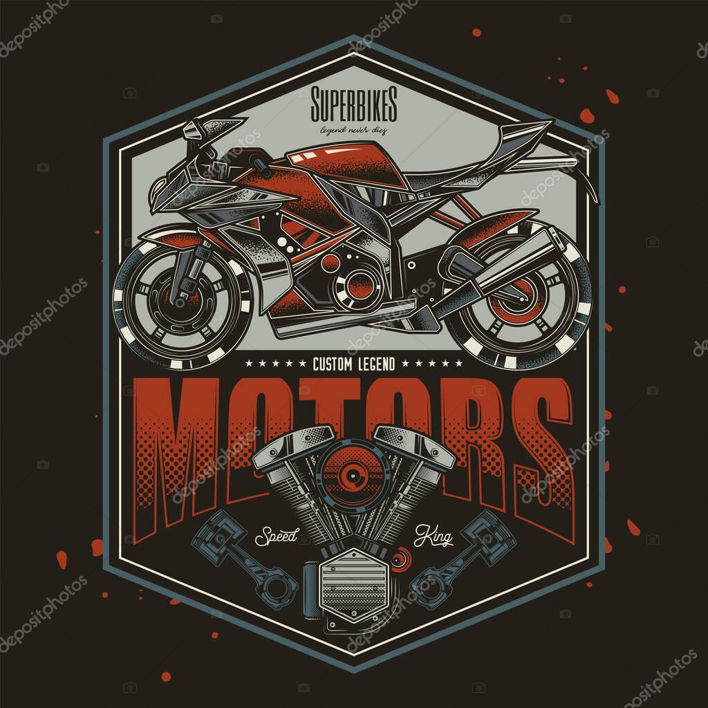 Original vector label in vintage style. The fastest motorcycle. Superbike.