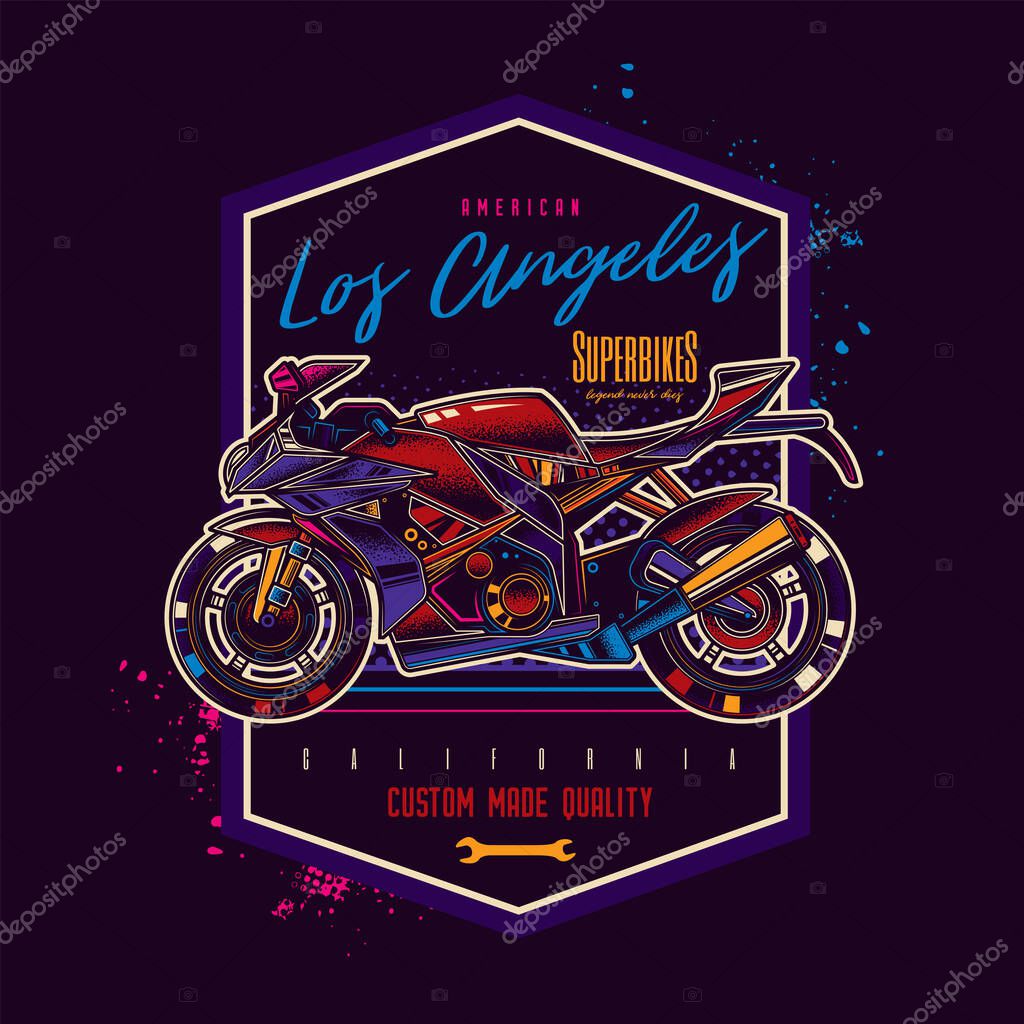 Original vector emblem in neon style. The fastest motorcycle. Superbike.