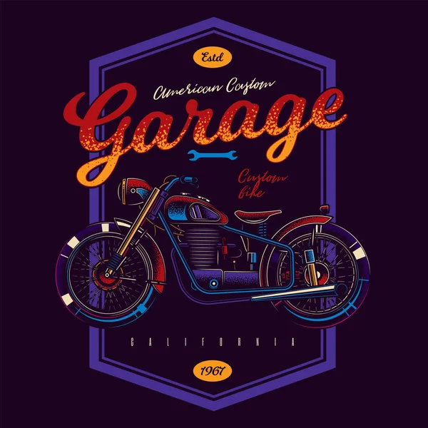 Eski bir Amerikan motosikletinin özel yapım resimli tişört ya da poster tasarımı. Neon biçiminde metin kompozisyonu olan tasarım