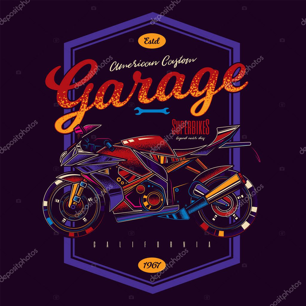 T-shirt or poster design with an illustration of an The fastest motorcycle. Superbike. Design with text composition in neon style