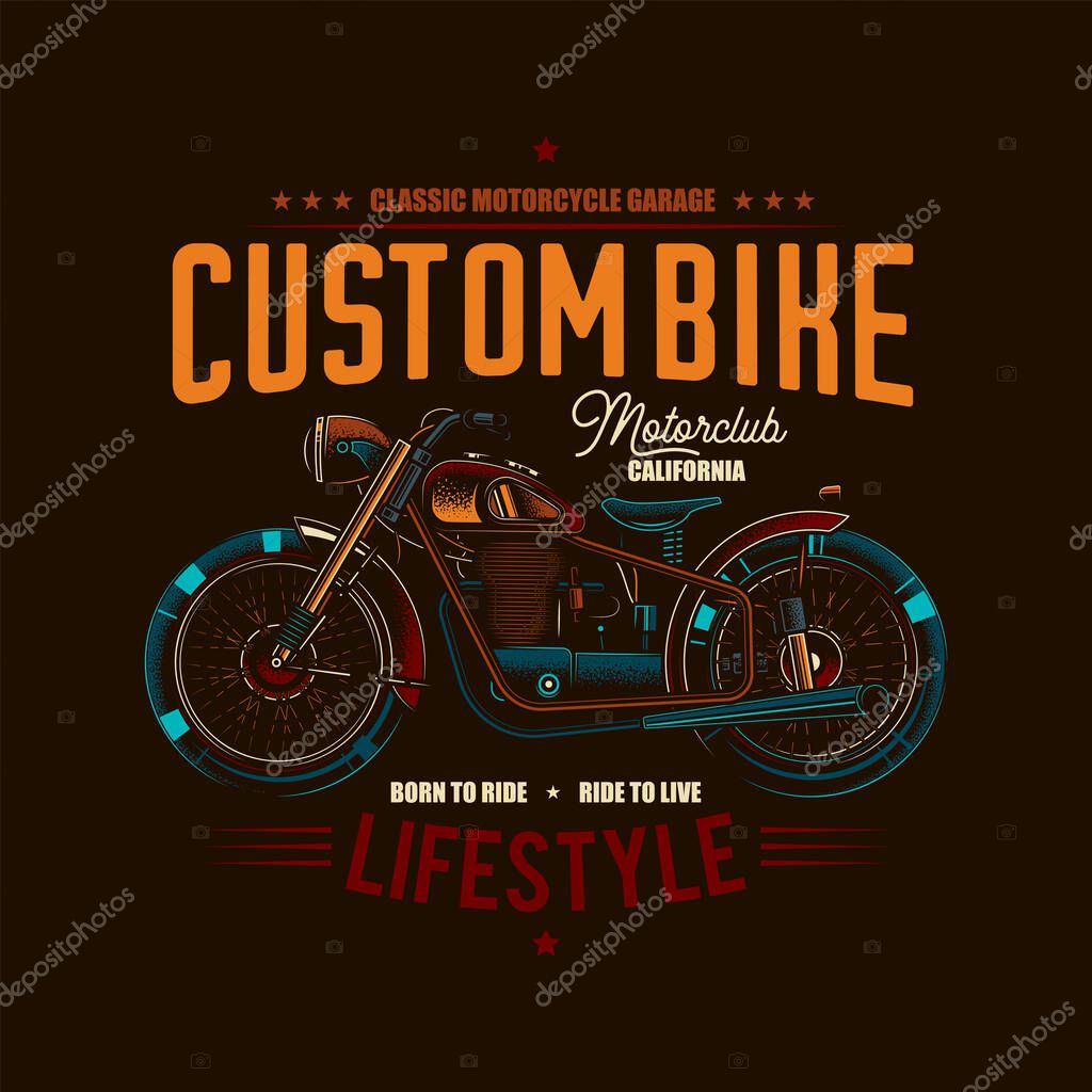 Original monochrome vector illustration. Motorcycle for motocross on a bright background in the style of 80-90's