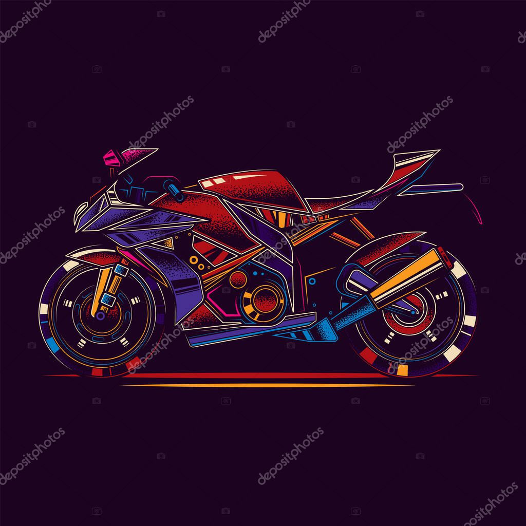 Original vector illustration in neon style. The fastest motorcycle. Superbike.