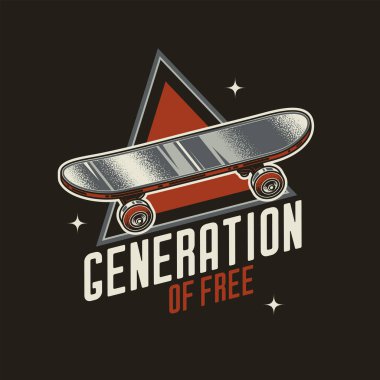 Orijinal vektör retro amblemi. Bir metin kompozisyonunun arka planında klasik kaykay. Tişört tasarımı