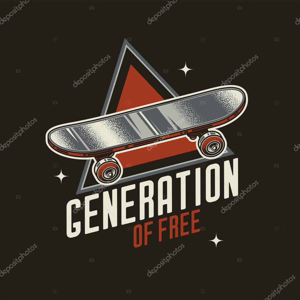 Original vector retro emblem. Vintage skateboard on the background of a text composition. T-shirt design