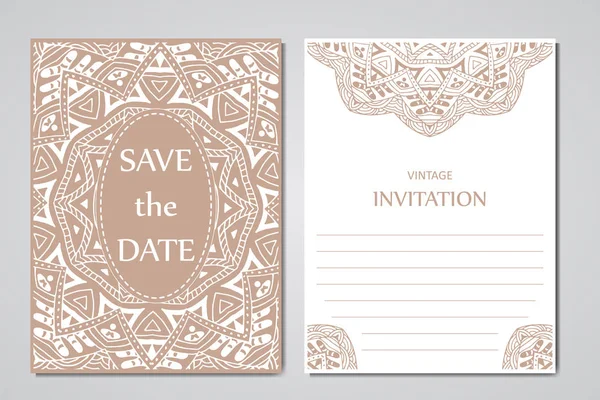 Coleção de cartão de casamento com mandala. Modelo do cartão de convite. Design de convites decorativos com o Islã vintage, árabe, matifs indianos . —  Vetores de Stock