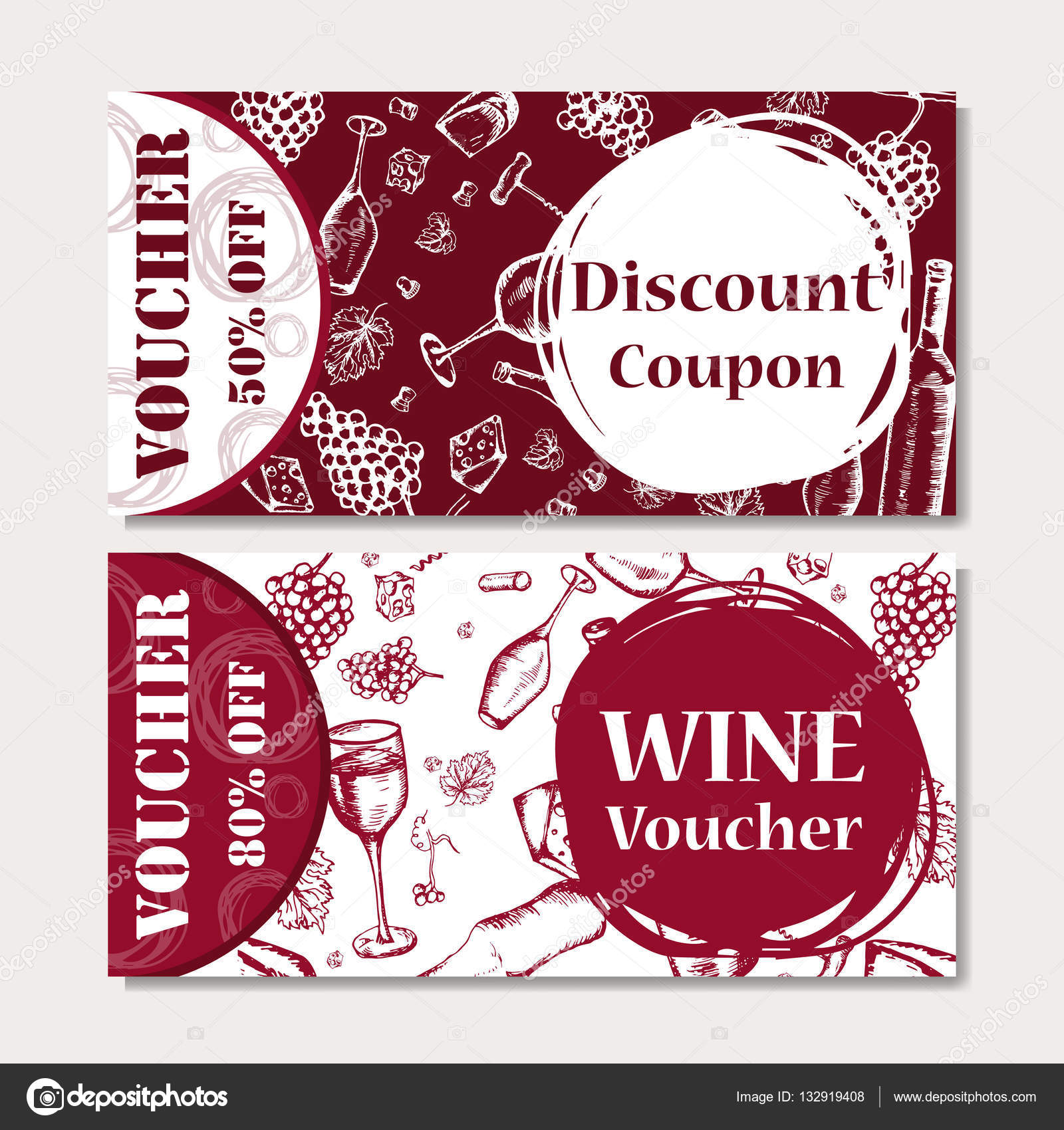 Vector coupon template for beverages. Set of wine banners with sketches. Illustration for