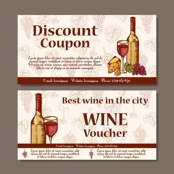 Plantilla de cupón vectorial para bebidas. Conjunto de pancartas de vino con bocetos. Ilustración para voucher, etiqueta, tarjeta . — Vector de stock