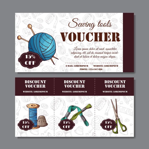 Sewing discount. Voucher for your business in sketch style. Modern template with sewing devices. — Stock Vector