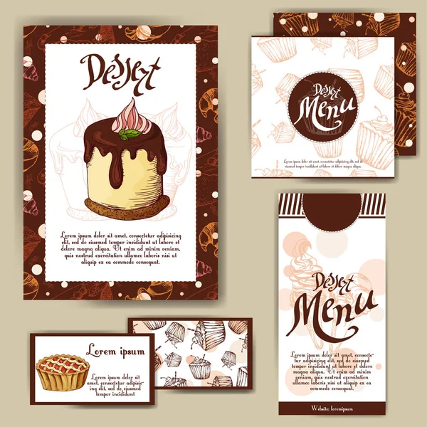 Vector template with hand drawn sketch bakery. Dessert menu design for reataurant or cafe. Cards with sweet bakery illustration. — Stock Vector