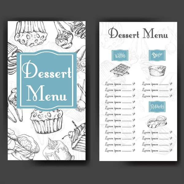 Design dla sklepu słodycze. Szablon z różnych ręcznie rysowane desery. Wygląd menu dla piekarni lub pieczenia sklep. — Wektor stockowy